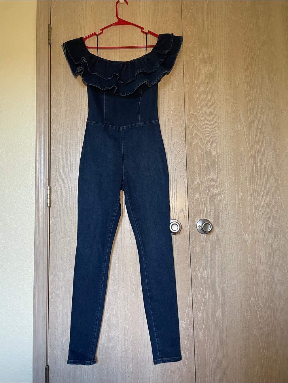 GUESS Off-Shoulder Ruffle Denim Jumpsuit Dark Blue